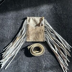 Tan and Cream Crossbody Bag with Platinum fringe